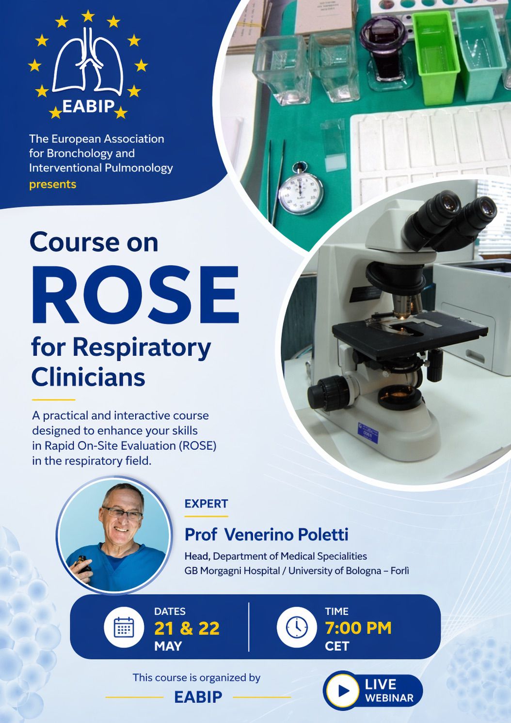 EABIP Course on ROSE for Respiratory Clinicians, May 21-22, 7pm CET, Live Webinar with Prof. Venerino Poletti