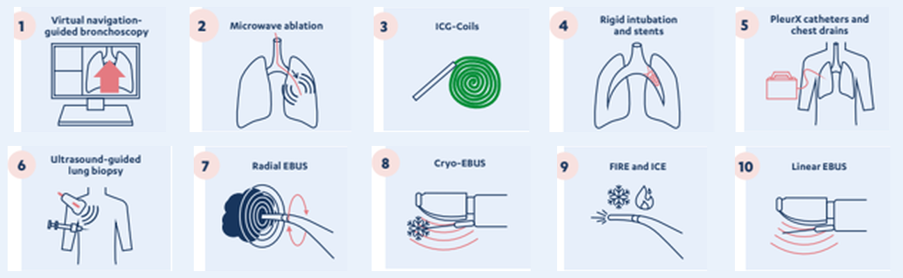 Ten hands-on workshop stations: virtual navigation, microwave ablation, ICG coils, rigid intubation and stents, PleurX catheters and chest drains, ultrasound-guided lung biopsy, radial EBUS, cryo-EBUS, fire and ice, linear EBUS