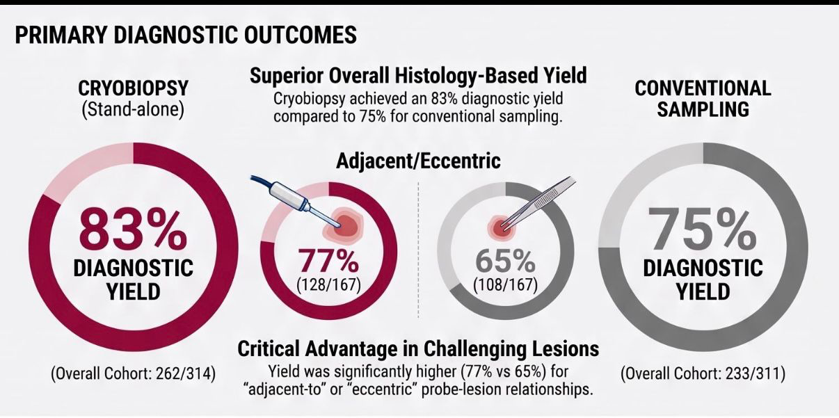 Primary diagnostic outcomes: cryobiopsy achieved 83% diagnostic yield versus 75% for conventional sampling, with a critical advantage of 77% versus 65% in adjacent or eccentric lesions